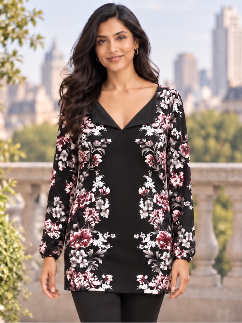 White House Black Market Black Floral V-Neck Tunic